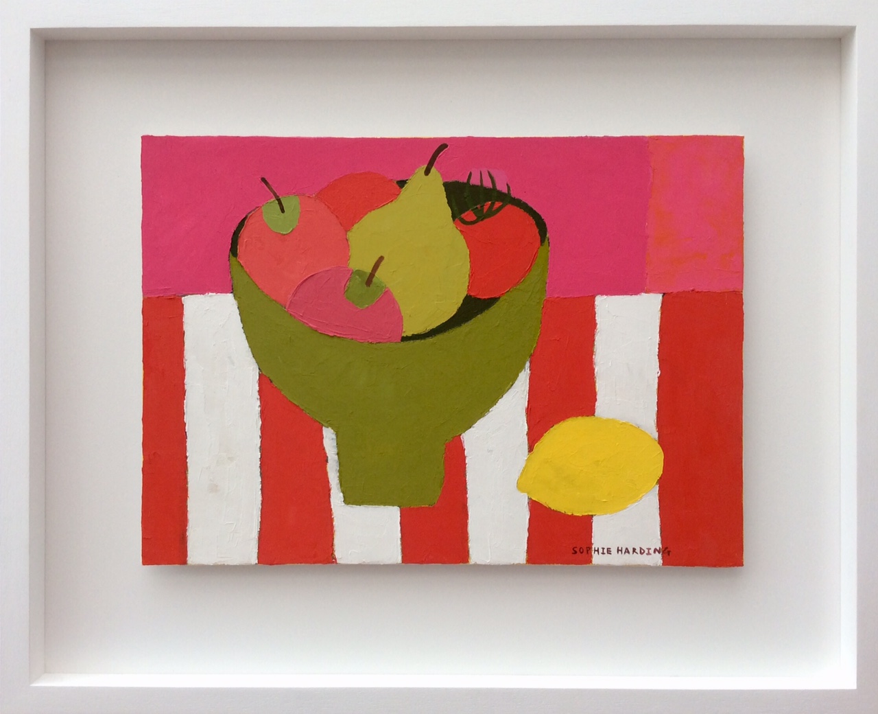 Sophie Harding, Fruit Bowl on Red Stripes framed, The Auction Collective